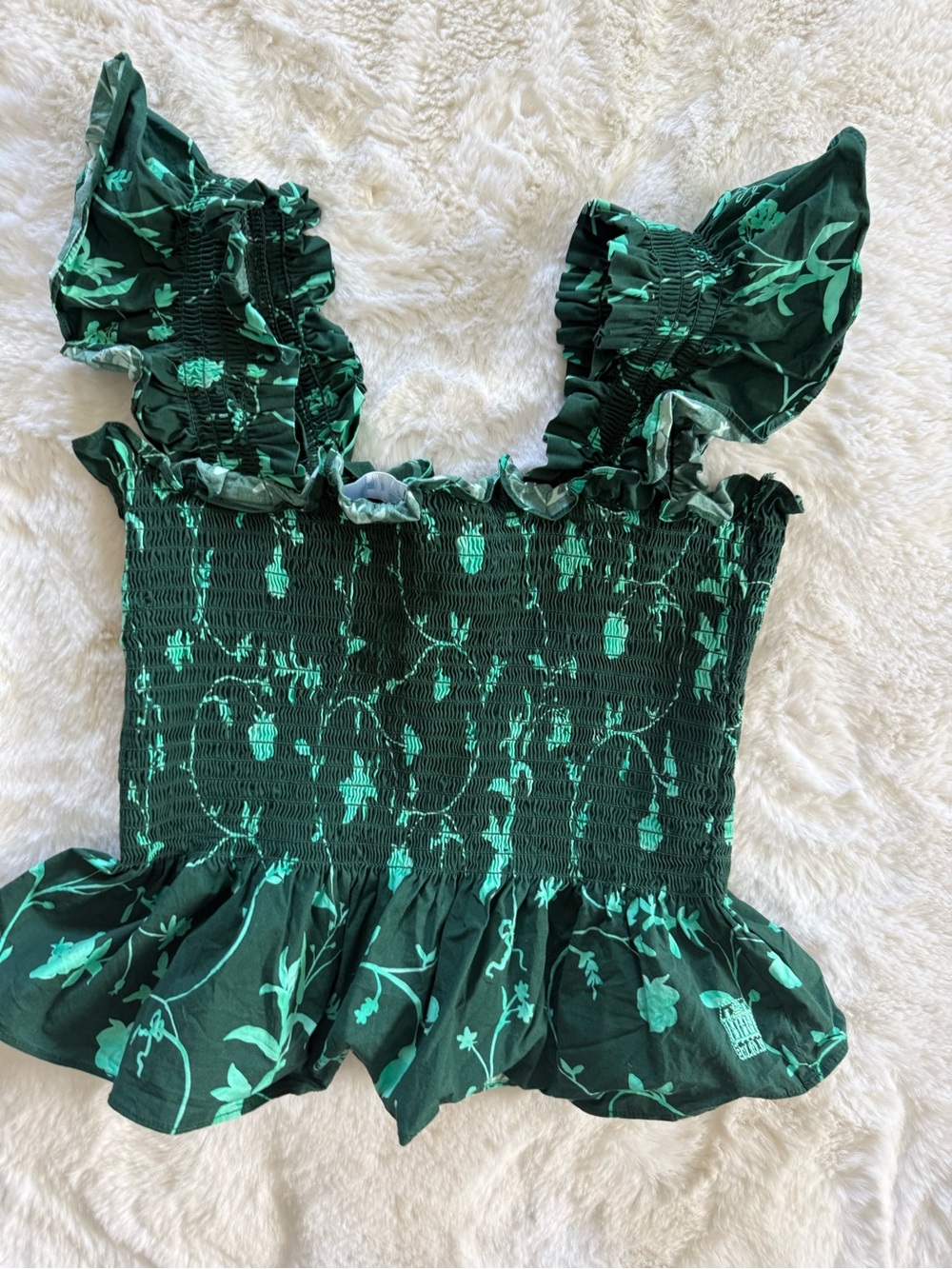 NWOT Hill House The Paz Emerald Floral Smocked Peplum Top - Picture 3 of 6